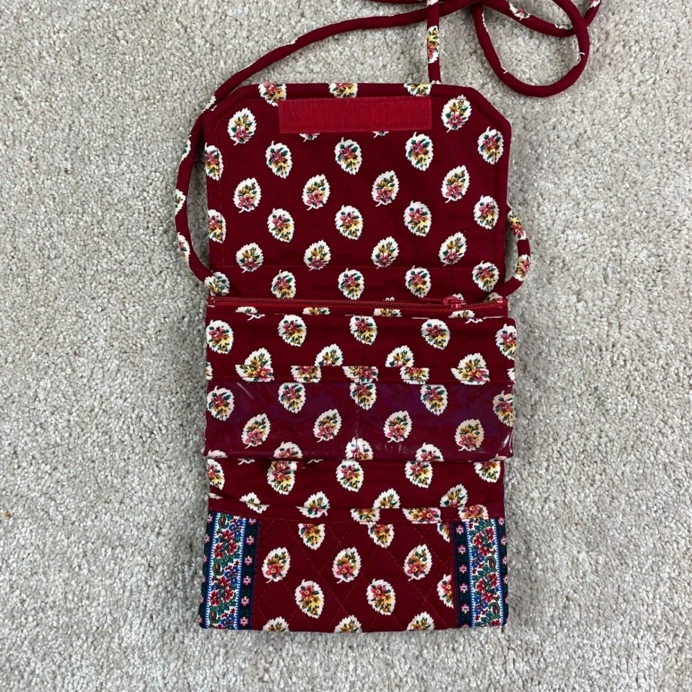Vera Bradley Burgundy Red Floral Quilted Cotton Crossbody Wallet Bag ID Holder